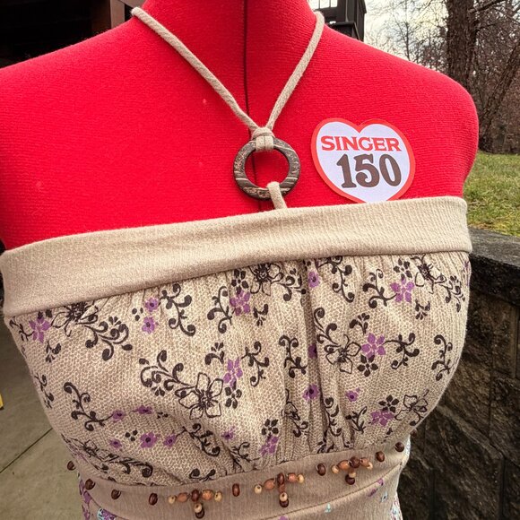 Y2K Boho Floral Cotton Halter Top with Wood Ring Detail - Picture 4 of 7